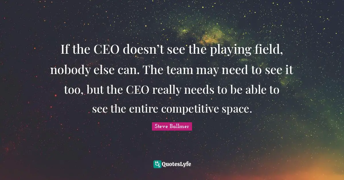 If the CEO doesn’t see the playing field, nobody else can. The team may need to see it too, but the CEO really needs to be able to see the entire competitive space.
