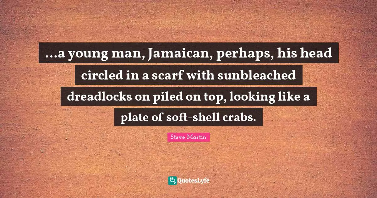 ...a young man, Jamaican, perhaps, his head circled in a scarf with sunbleached dreadlocks on piled on top, looking like a plate of soft-shell crabs.
