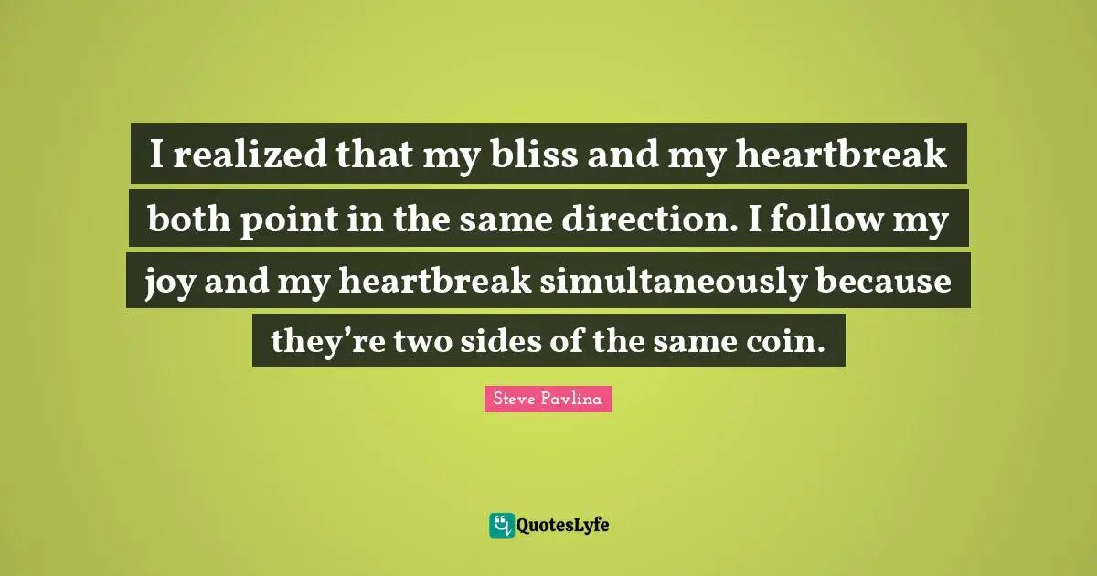 I realized that my bliss and my heartbreak both point in the same direction. I follow my joy and my heartbreak simultaneously because they’re two sides of the same coin.