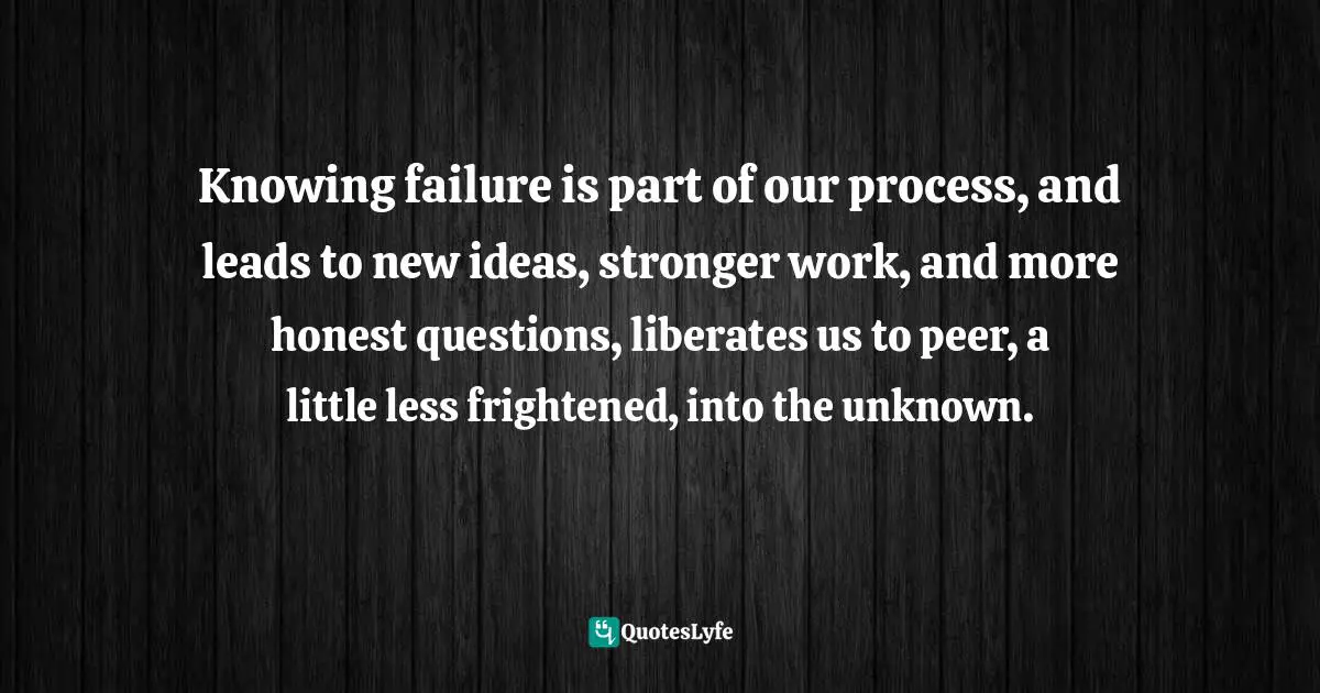 Knowing failure is part of our process, and leads to new ideas, stronger work, and more honest questions, liberates us to peer, a little less frightened, into the unknown.