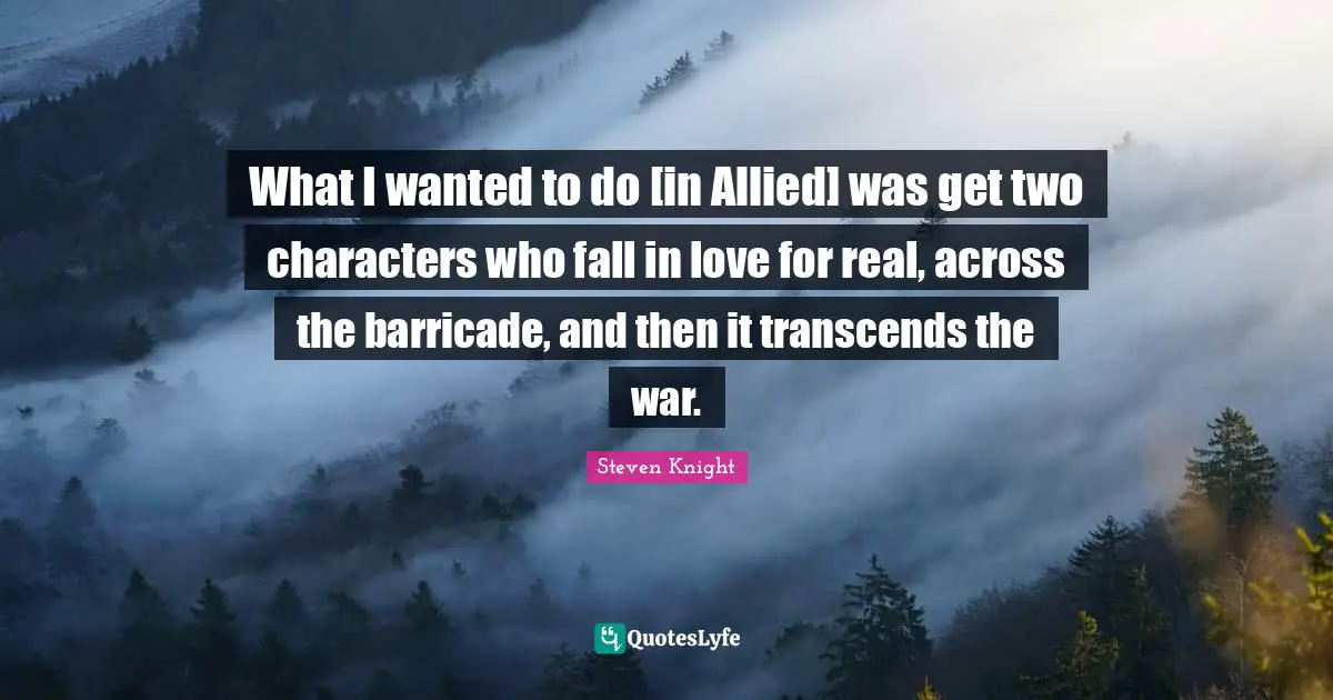 What I wanted to do [in Allied] was get two characters who fall in love for real, across the barricade, and then it transcends the war.