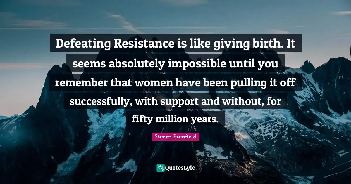 Defeating Resistance is like giving birth. It seems absolutely impossible until you remember that women have been pulling it off successfully, with support and without, for fifty million years.