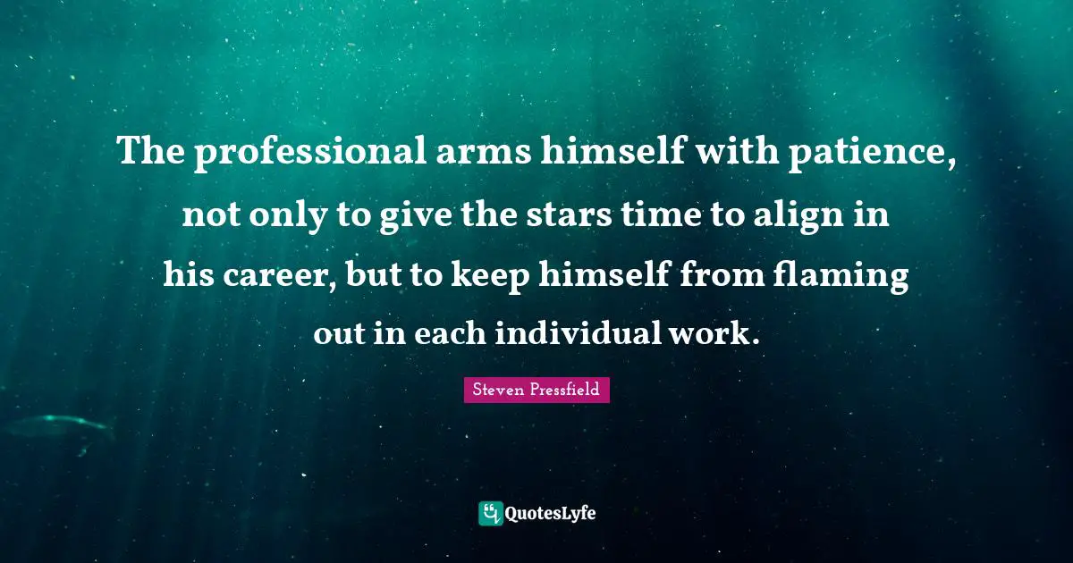 Steven Pressfield Quotes: "The professional arms himself with patience, not only to give the stars time to align in his career, but to keep himself from flaming out in each individual work."