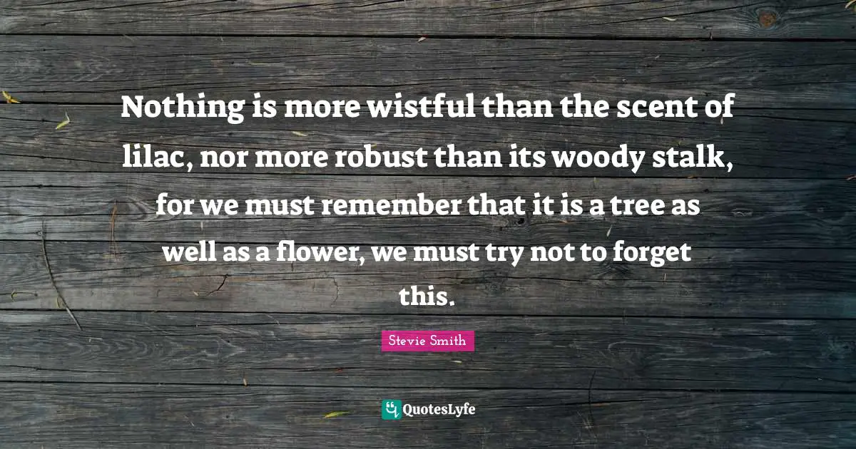 Scent Quotes: "Nothing is more wistful than the scent of lilac, nor more robust than its woody stalk, for we must remember that it is a tree as well as a flower, we must try not to forget this."