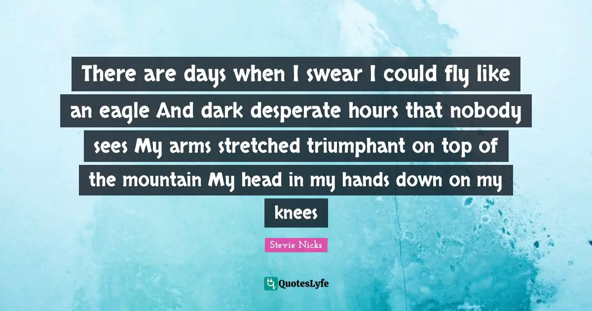 Stevie Nicks Quotes: "There are days when I swear I could fly like an eagle And dark desperate hours that nobody sees My arms stretched triumphant on top of the mountain My head in my hands down on my knees"