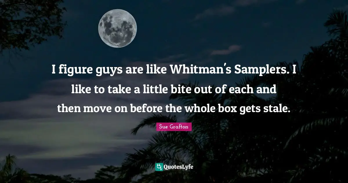 I figure guys are like Whitman's Samplers. I like to take a little bite out of each and then move on before the whole box gets stale.