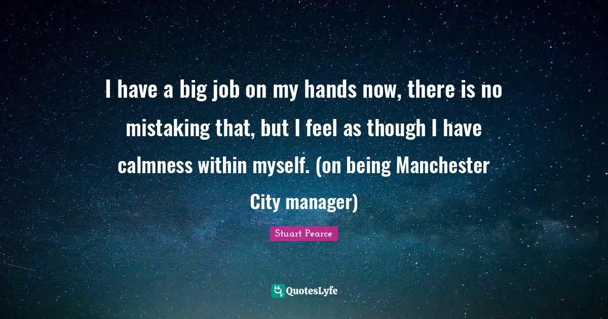 I have a big job on my hands now, there is no mistaking that, but I feel as though I have calmness within myself. (on being Manchester City manager)