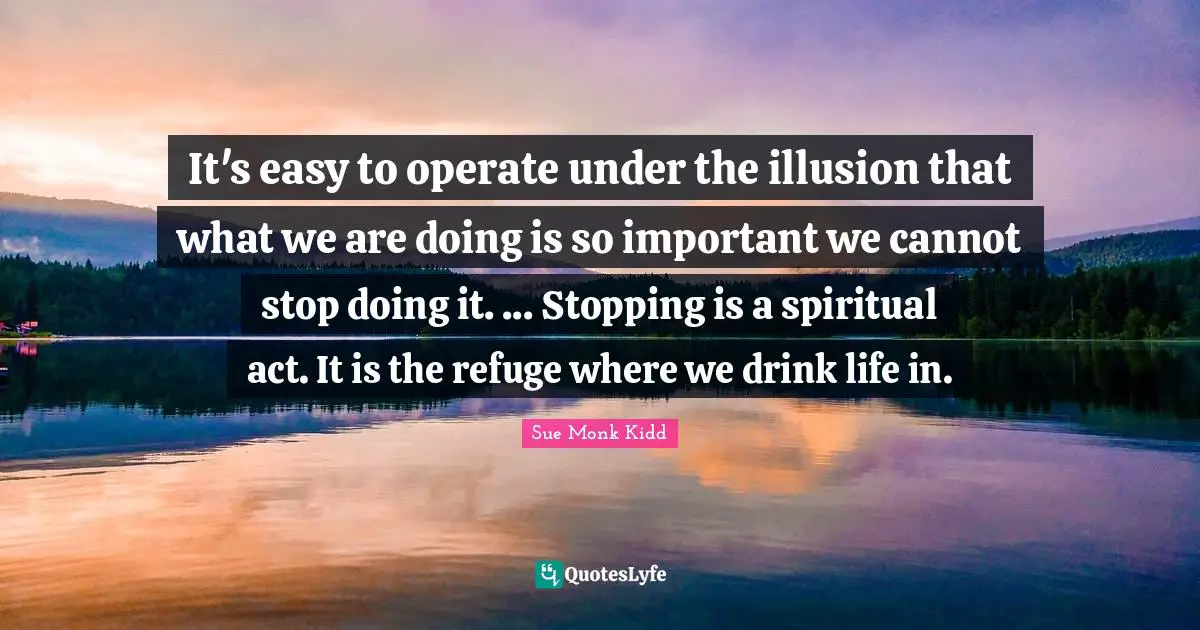 It's easy to operate under the illusion that what we are doing is so important we cannot stop doing it. ... Stopping is a spiritual act. It is the refuge where we drink life in.