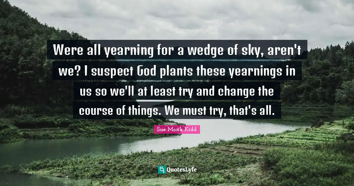 Were all yearning for a wedge of sky, aren't we? I suspect God plants these yearnings in us so we'll at least try and change the course of things. We must try, that's all.