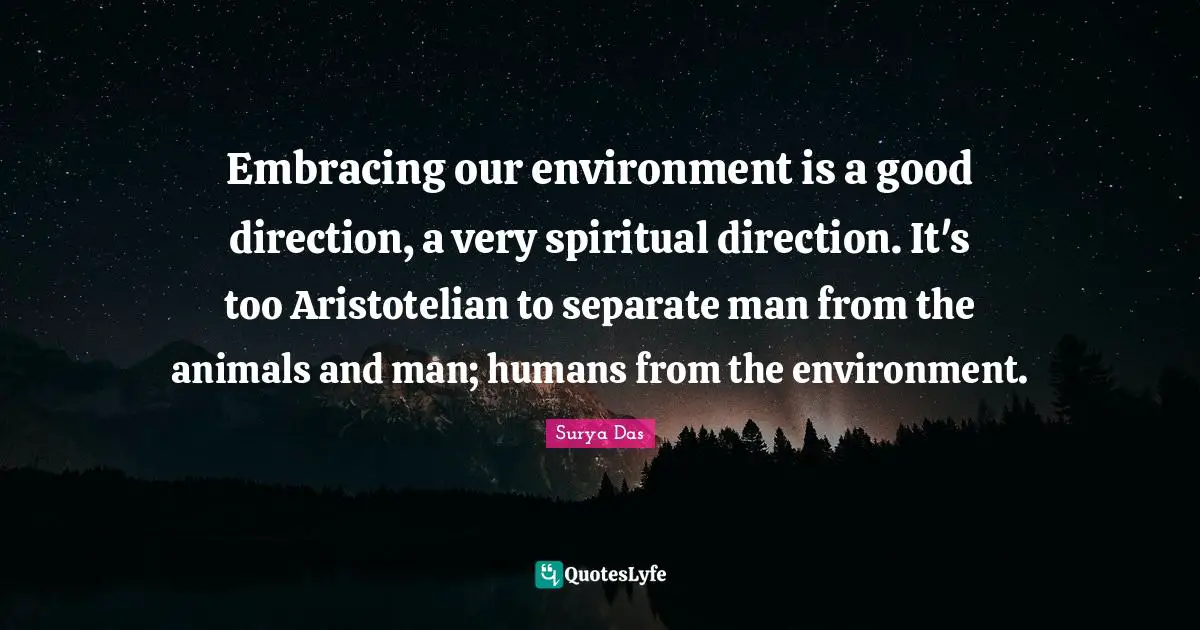 Embracing our environment is a good direction, a very spiritual direction. It's too Aristotelian to separate man from the animals and man; humans from the environment.