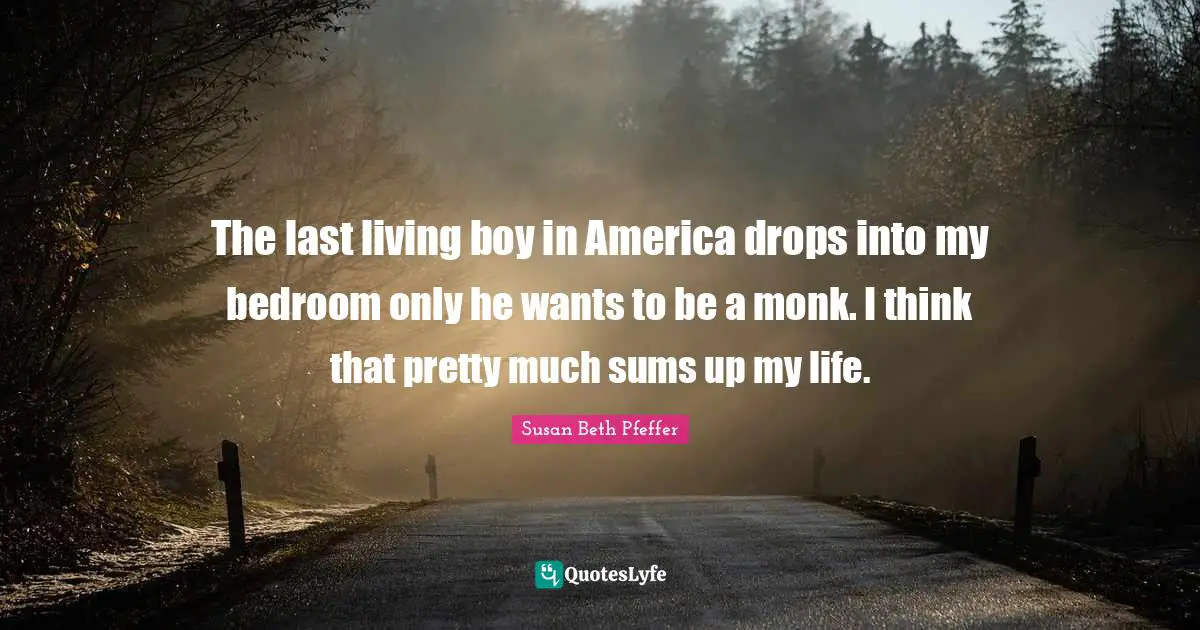 The last living boy in America drops into my bedroom only he wants to be a monk. I think that pretty much sums up my life.