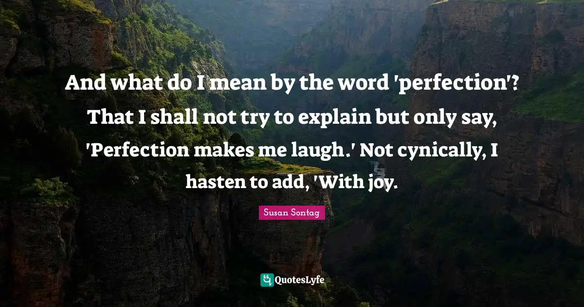 And what do I mean by the word 'perfection'? That I shall not try to explain but only say, 'Perfection makes me laugh.' Not cynically, I hasten to add, 'With joy.