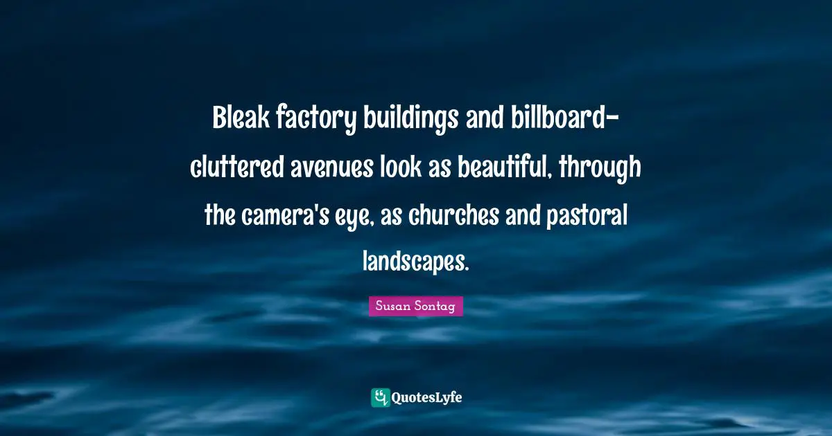 Susan Sontag Quotes: "Bleak factory buildings and billboard-cluttered avenues look as beautiful, through the camera's eye, as churches and pastoral landscapes."