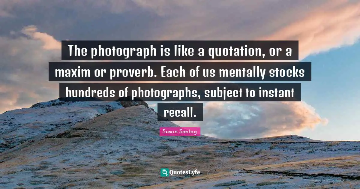 The photograph is like a quotation, or a maxim or proverb. Each of us mentally stocks hundreds of photographs, subject to instant recall.