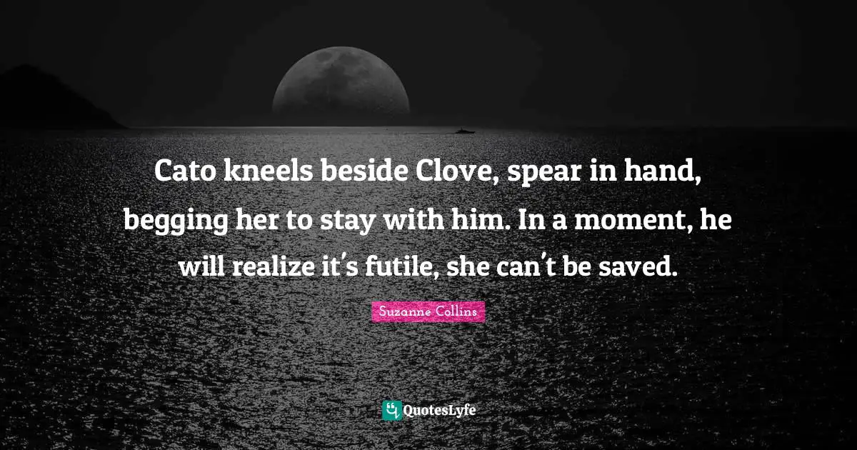 Cato kneels beside Clove, spear in hand, begging her to stay with him. In a moment, he will realize it's futile, she can't be saved.