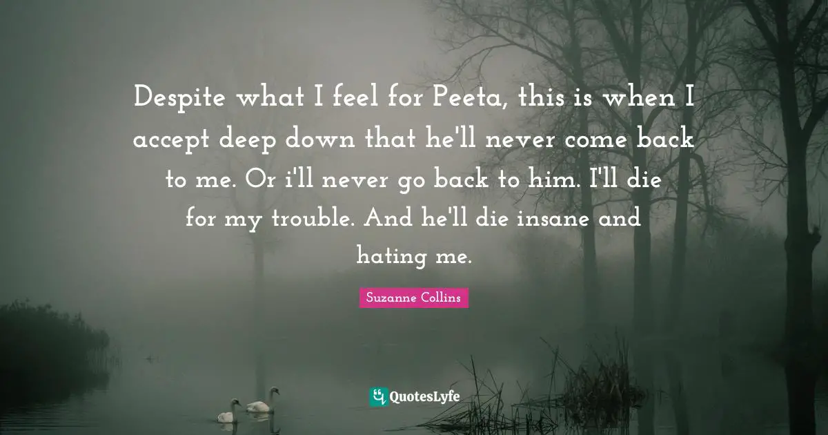 Despite what I feel for Peeta, this is when I accept deep down that he'll never come back to me. Or i'll never go back to him. I'll die for my trouble. And he'll die insane and hating me.