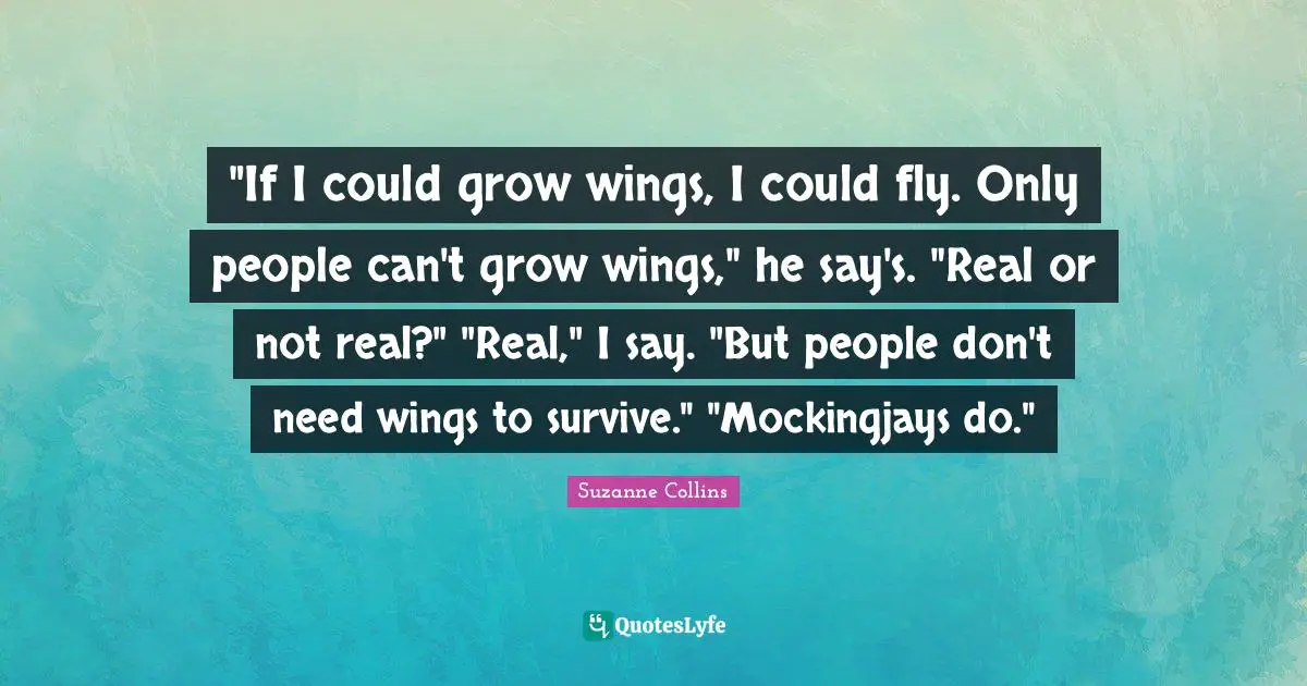 "If I could grow wings, I could fly. Only people can't grow wings," he say's. "Real or not real?" "Real," I say. "But people don't need wings to survive." "Mockingjays do."