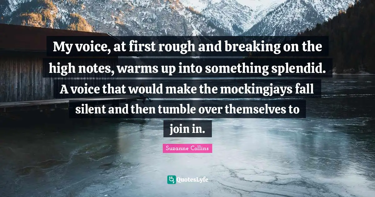 My voice, at first rough and breaking on the high notes, warms up into something splendid. A voice that would make the mockingjays fall silent and then tumble over themselves to join in.
