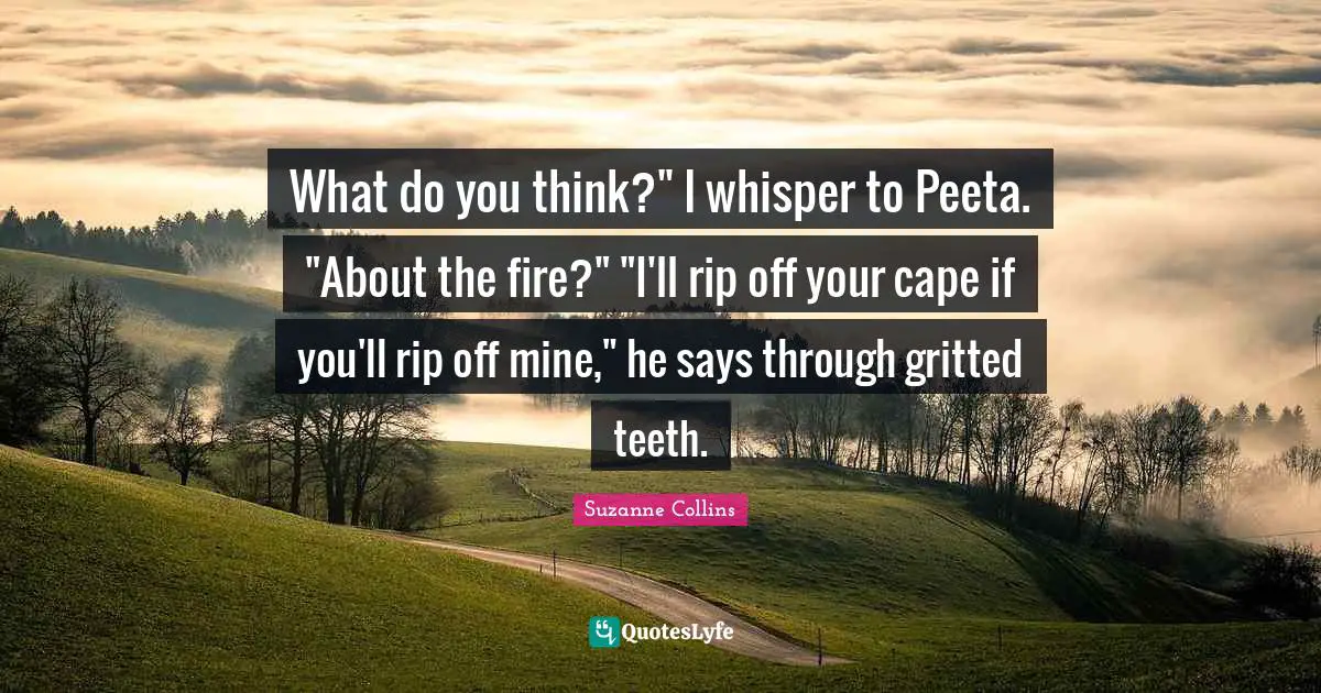 What do you think?" I whisper to Peeta. "About the fire?" "I'll rip off your cape if you'll rip off mine," he says through gritted teeth.