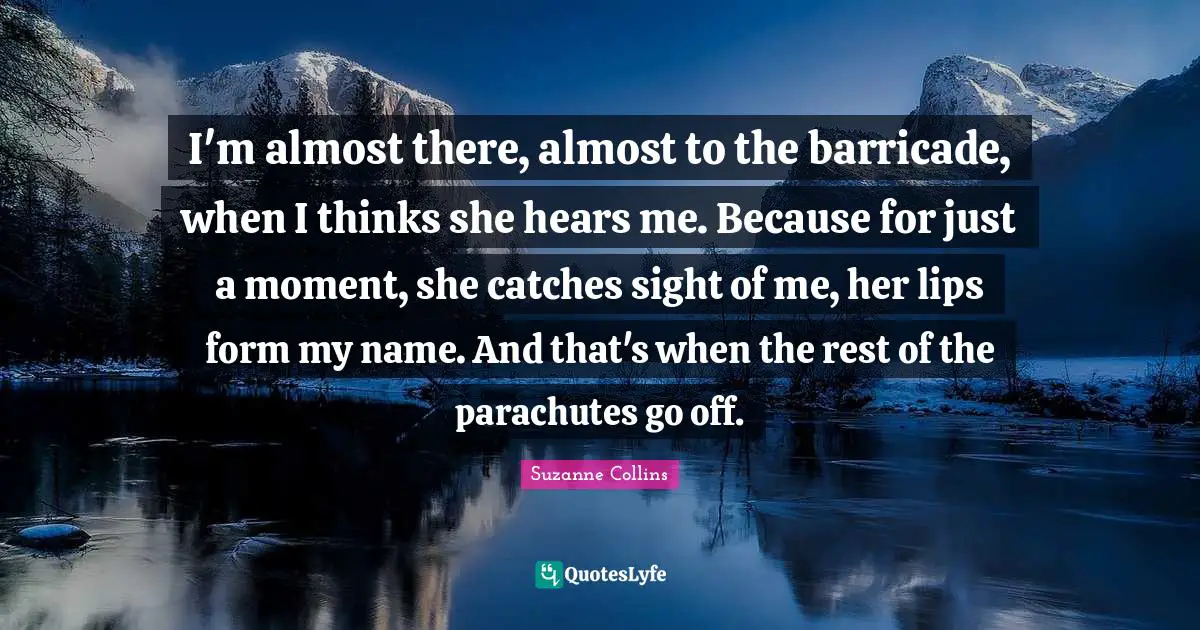 I'm almost there, almost to the barricade, when I thinks she hears me. Because for just a moment, she catches sight of me, her lips form my name. And that's when the rest of the parachutes go off.