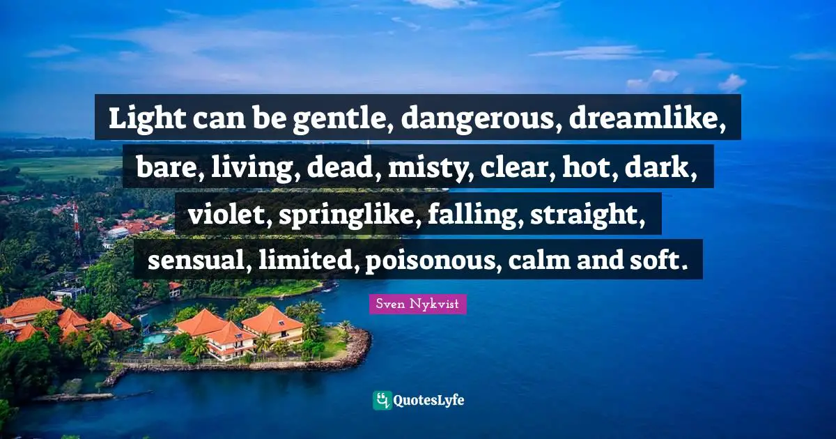 Light can be gentle, dangerous, dreamlike, bare, living, dead, misty, clear, hot, dark, violet, springlike, falling, straight, sensual, limited, poisonous, calm and soft.