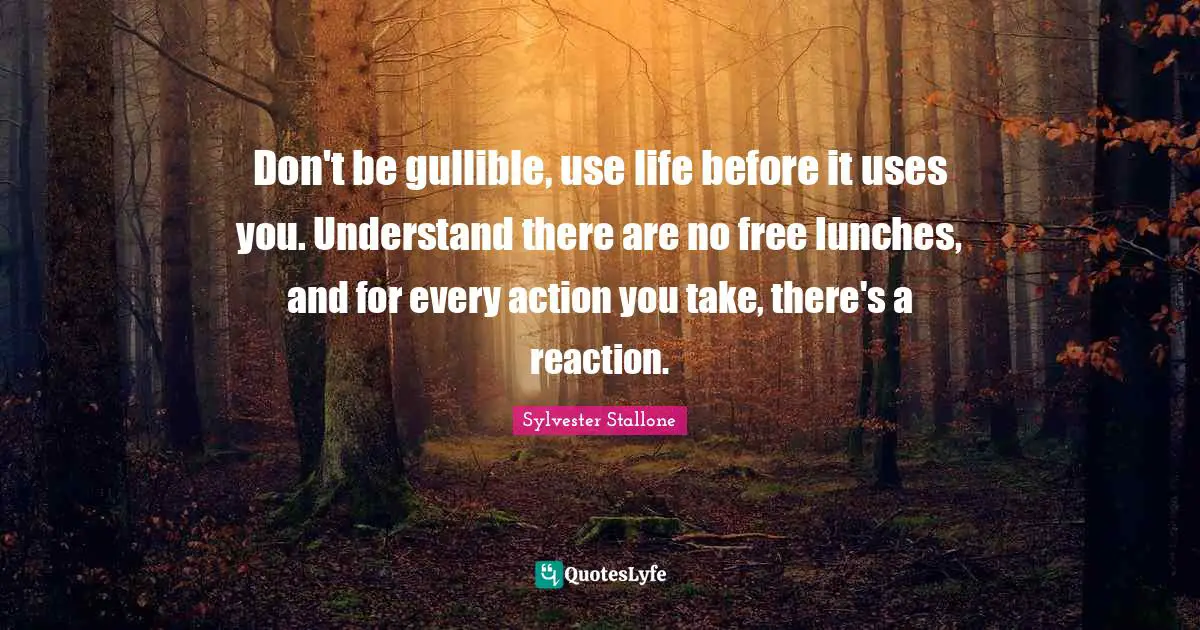 Lunch Quotes: "Don't be gullible, use life before it uses you. Understand there are no free lunches, and for every action you take, there's a reaction."