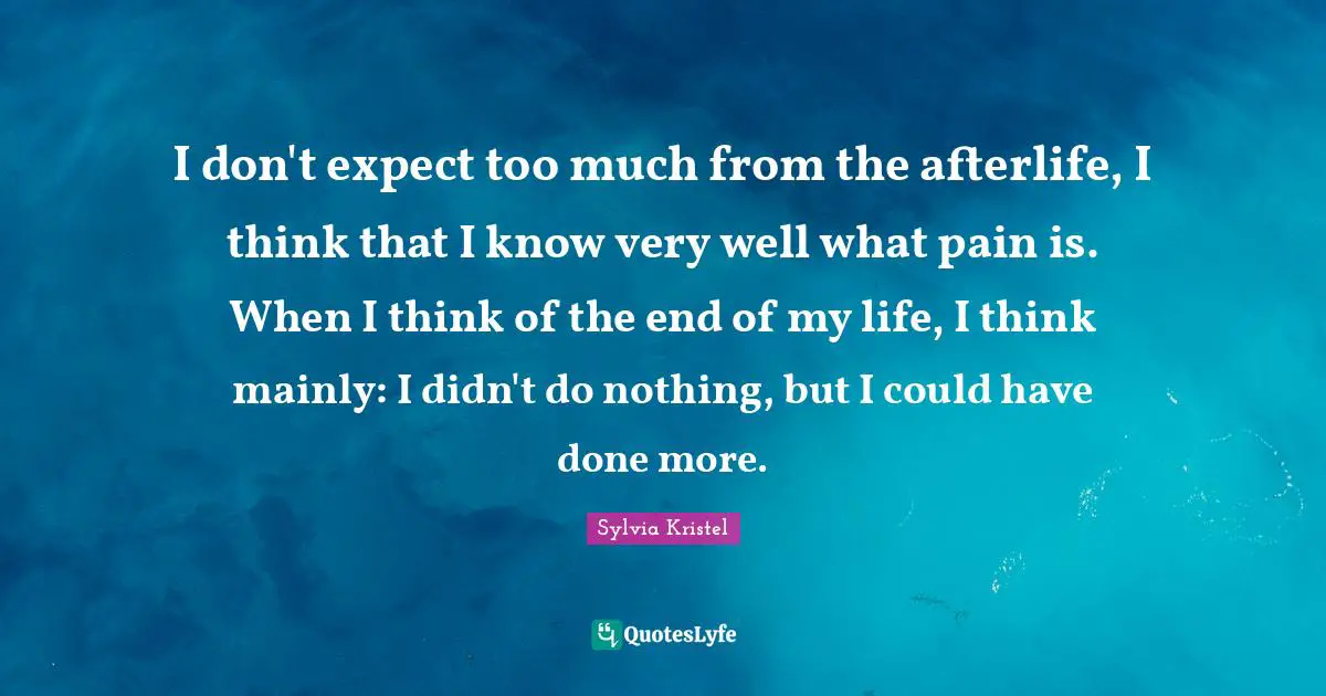 I don't expect too much from the afterlife, I think that I know very well what pain is. When I think of the end of my life, I think mainly: I didn't do nothing, but I could have done more.