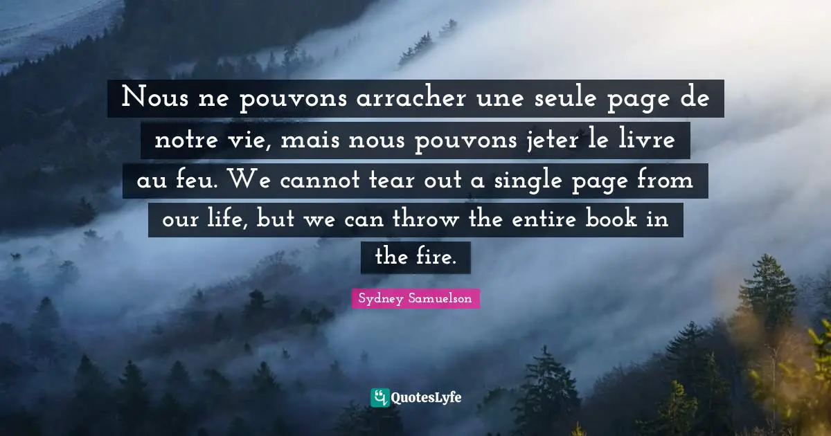 Nous ne pouvons arracher une seule page de notre vie, mais nous pouvons jeter le livre au feu. We cannot tear out a single page from our life, but we can throw the entire book in the fire.