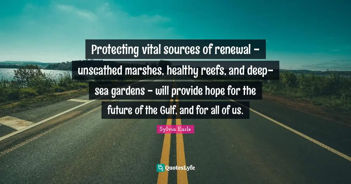 Sylvia Earle Quotes: "Protecting vital sources of renewal - unscathed marshes, healthy reefs, and deep-sea gardens - will provide hope for the future of the Gulf, and for all of us."