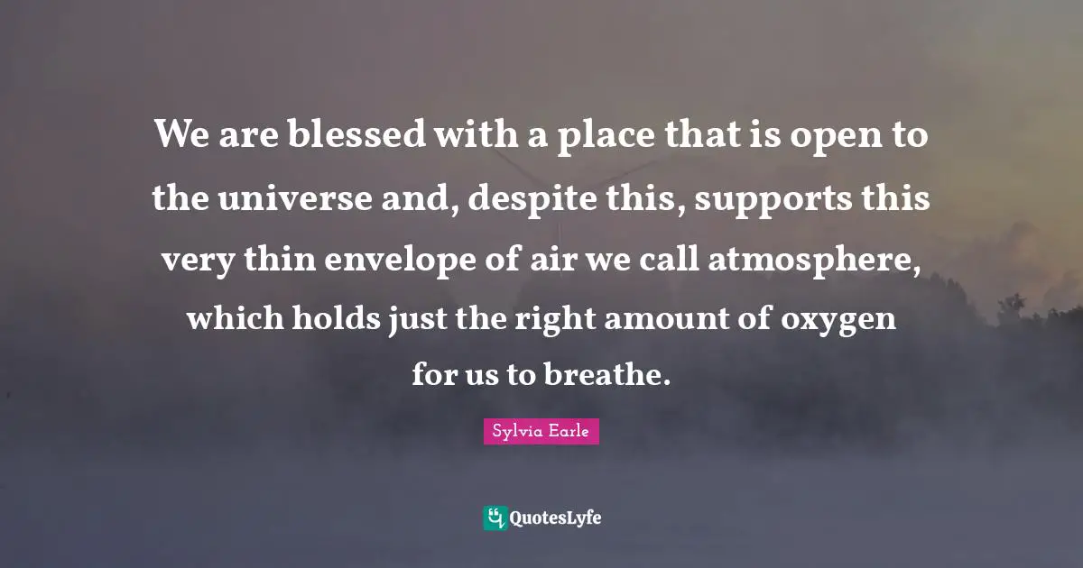 We are blessed with a place that is open to the universe and, despite this, supports this very thin envelope of air we call atmosphere, which holds just the right amount of oxygen for us to breathe.