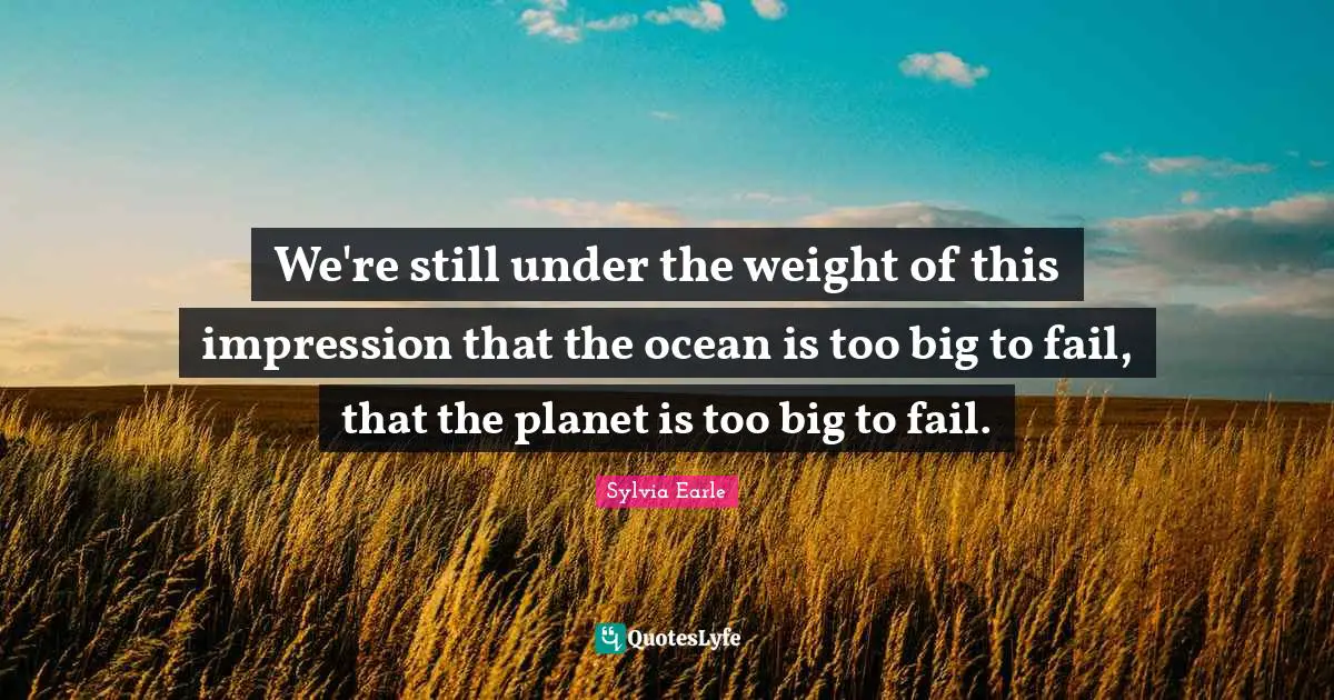 Sylvia Earle Quotes: "We're still under the weight of this impression that the ocean is too big to fail, that the planet is too big to fail."