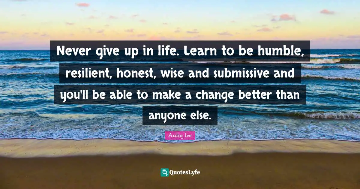 Never give up in life. Learn to be humble, resilient, honest, wise and submissive and you'll be able to make a change better than anyone else.