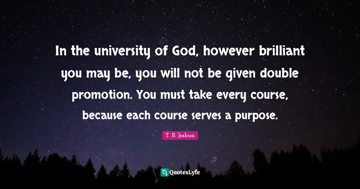 Given Quotes: "In the university of God, however brilliant you may be, you will not be given double promotion. You must take every course, because each course serves a purpose."
