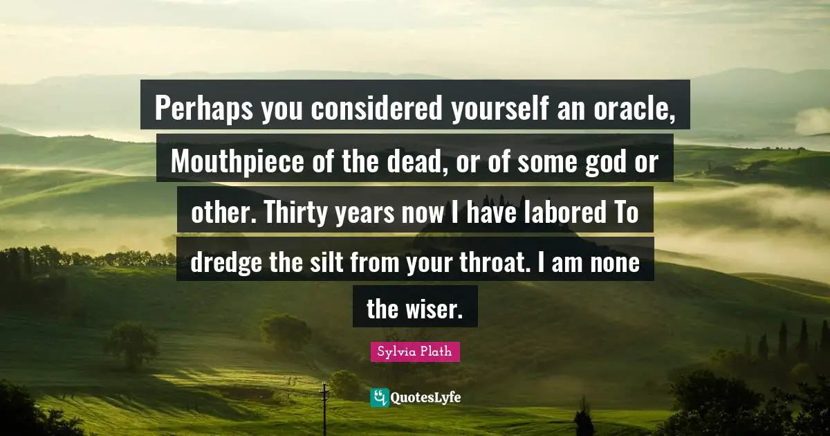 Perhaps you considered yourself an oracle, Mouthpiece of the dead, or of some god or other. Thirty years now I have labored To dredge the silt from your throat. I am none the wiser.
