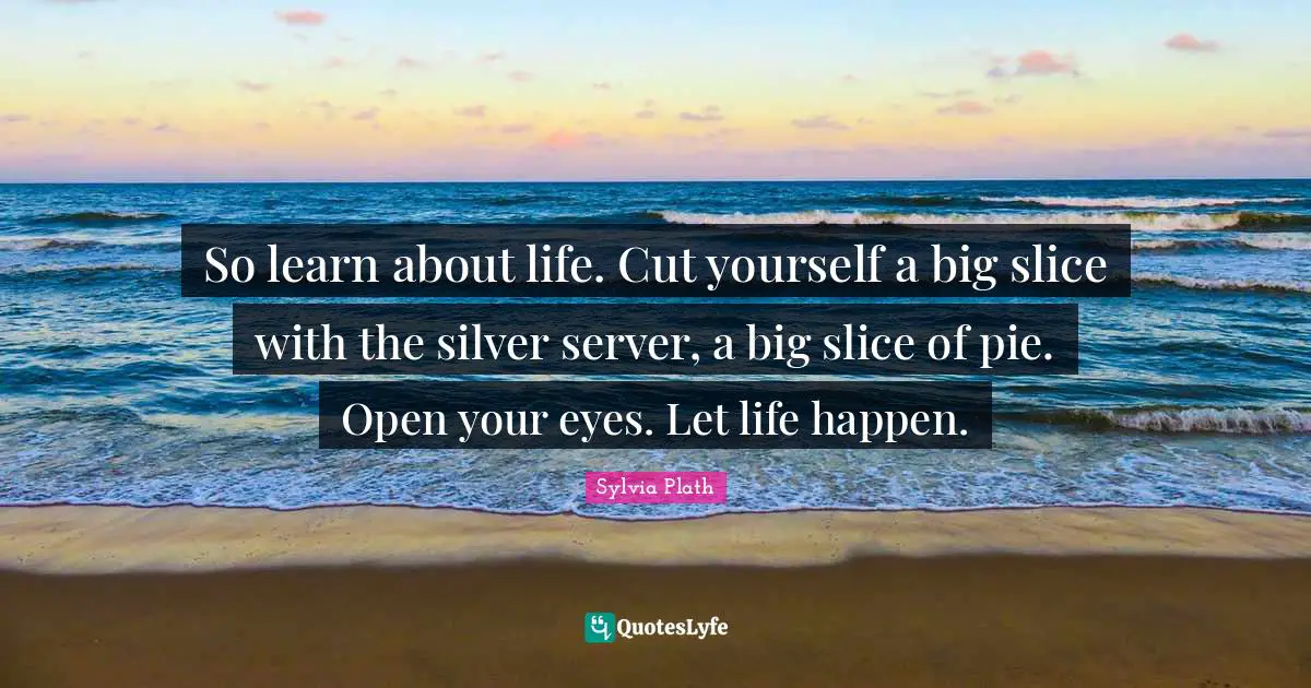 So learn about life. Cut yourself a big slice with the silver server, a big slice of pie. Open your eyes. Let life happen.