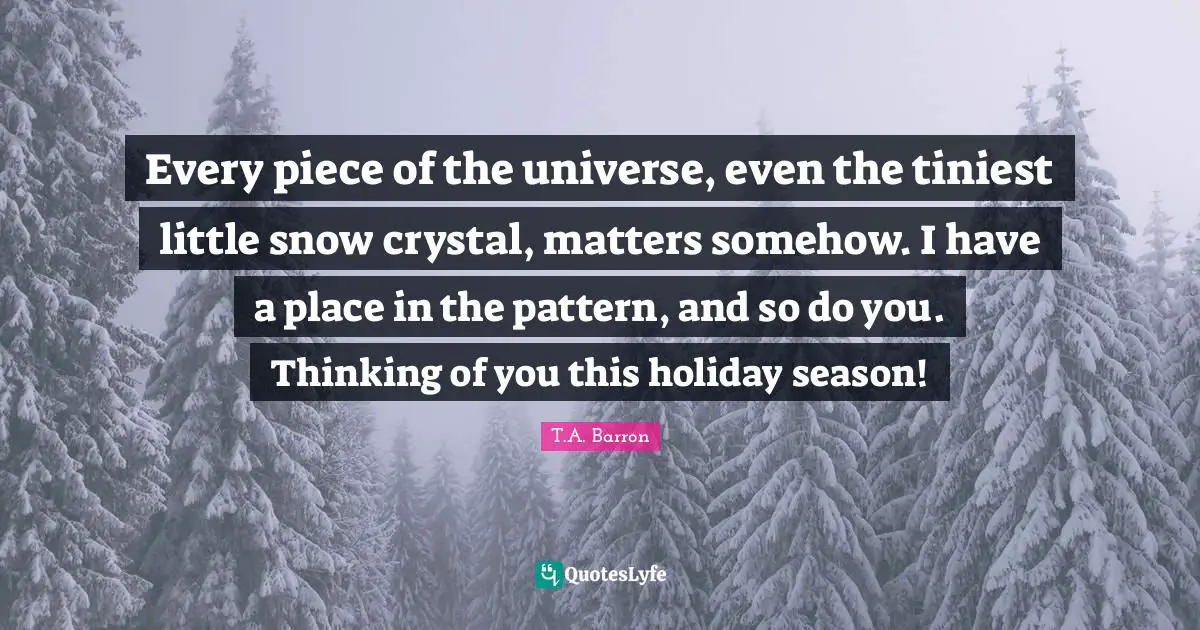 Holiday Season Quotes: "Every piece of the universe, even the tiniest little snow crystal, matters somehow. I have a place in the pattern, and so do you. Thinking of you this holiday season!"