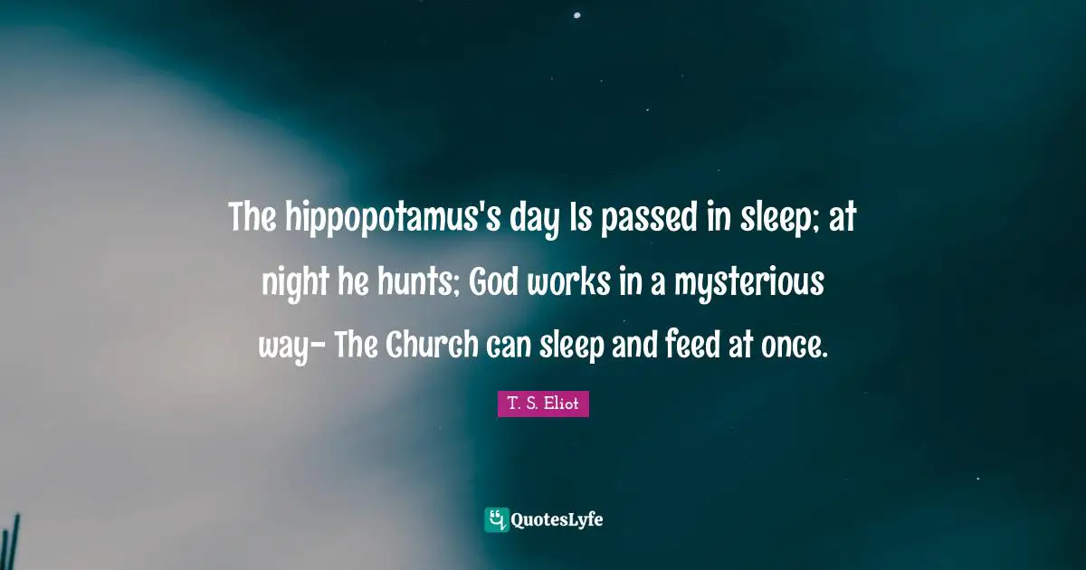 The hippopotamus's day Is passed in sleep; at night he hunts; God works in a mysterious way- The Church can sleep and feed at once.
