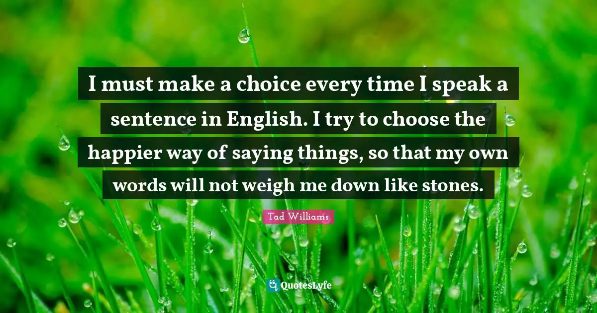 I must make a choice every time I speak a sentence in English. I try to choose the happier way of saying things, so that my own words will not weigh me down like stones.