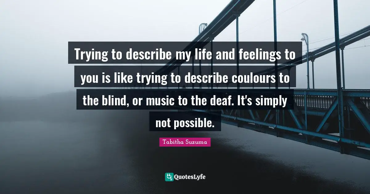 Trying to describe my life and feelings to you is like trying to describe coulours to the blind, or music to the deaf. It's simply not possible.