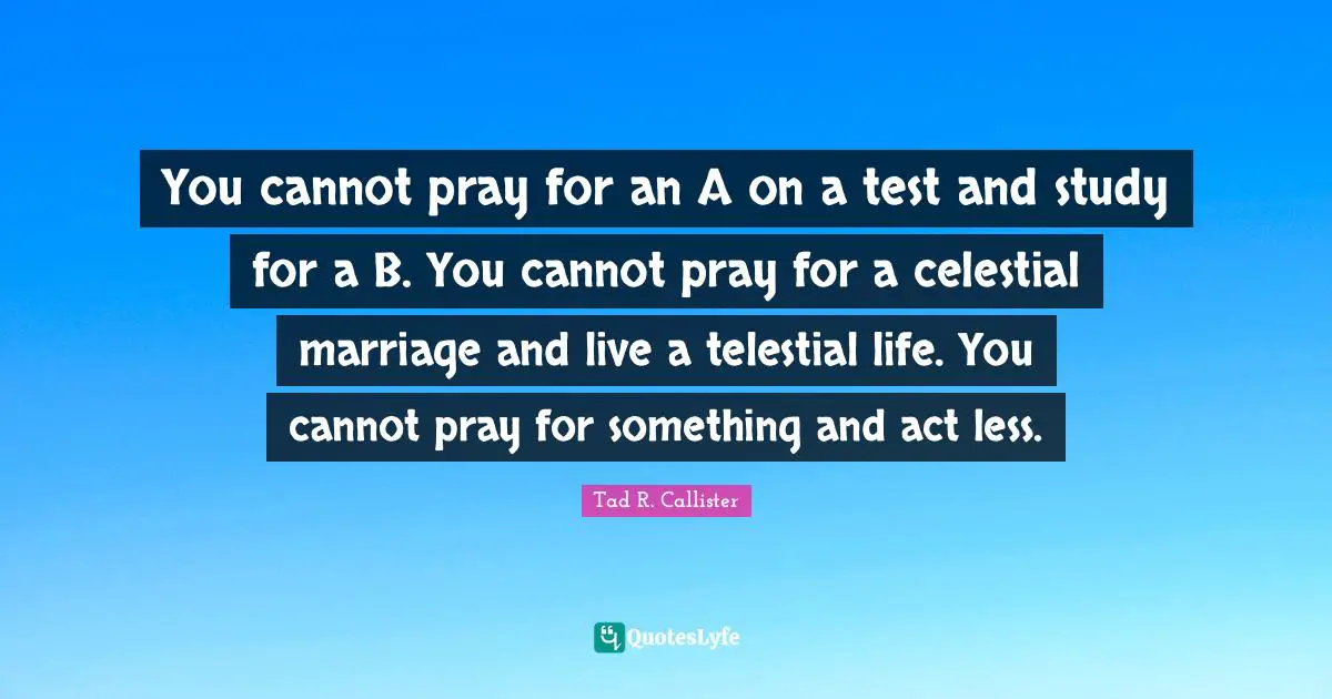 You cannot pray for an A on a test and study for a B. You cannot pray for a celestial marriage and live a telestial life. You cannot pray for something and act less.