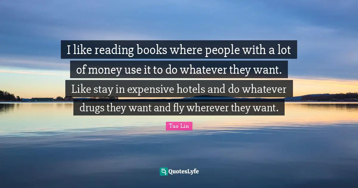 I like reading books where people with a lot of money use it to do whatever they want. Like stay in expensive hotels and do whatever drugs they want and fly wherever they want.