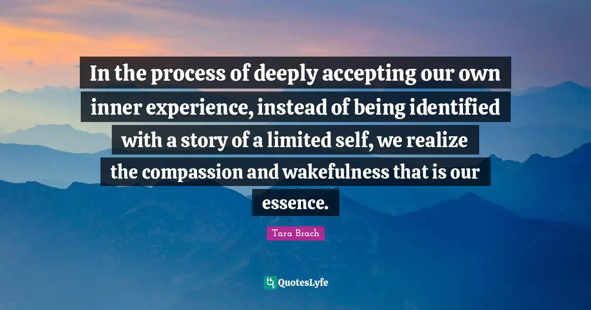 Tara Brach Quotes: "In the process of deeply accepting our own inner experience, instead of being identified with a story of a limited self, we realize the compassion and wakefulness that is our essence."
