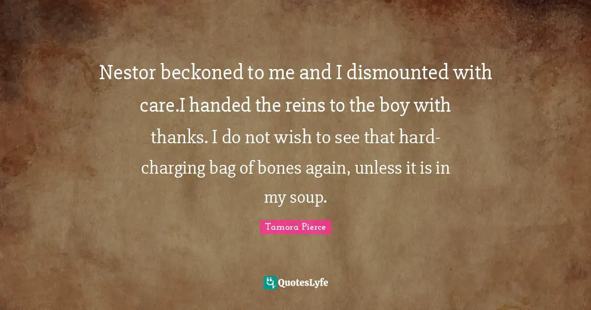 Nestor beckoned to me and I dismounted with care.I handed the reins to the boy with thanks. I do not wish to see that hard-charging bag of bones again, unless it is in my soup.
