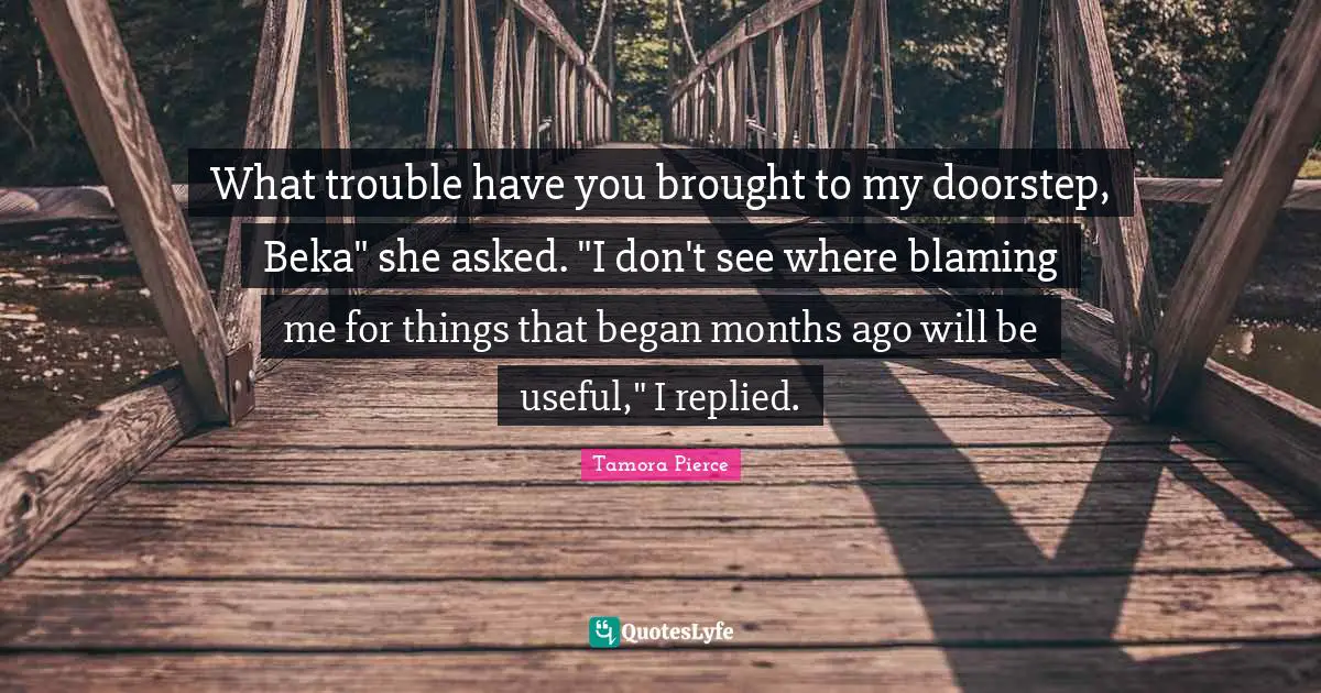 What trouble have you brought to my doorstep, Beka" she asked. "I don't see where blaming me for things that began months ago will be useful," I replied.