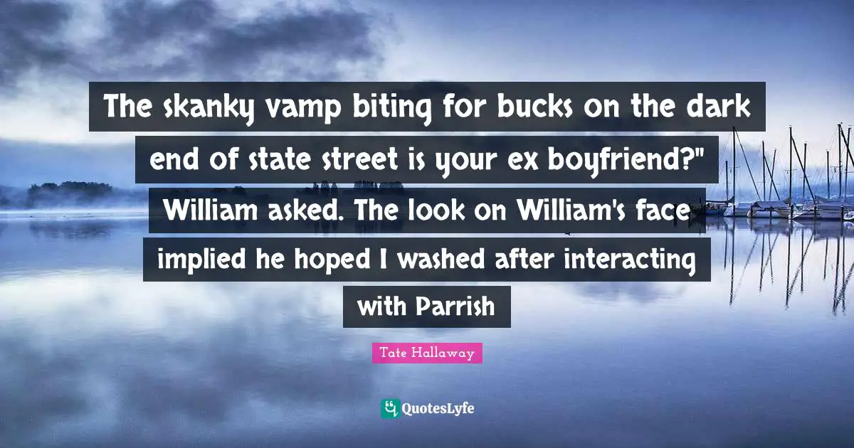 Implied Quotes: "The skanky vamp biting for bucks on the dark end of state street is your ex boyfriend?" William asked. The look on William's face implied he hoped I washed after interacting with Parrish"