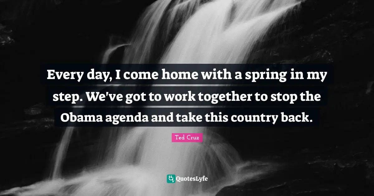 Ted Cruz Quotes: "Every day, I come home with a spring in my step. We've got to work together to stop the Obama agenda and take this country back."