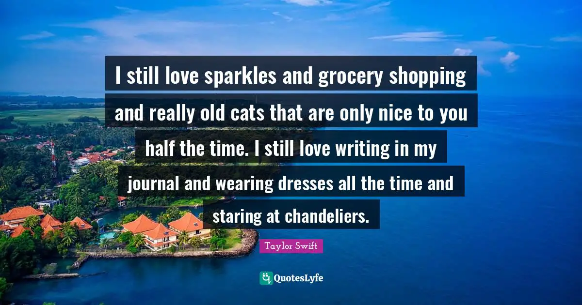 Dresses Quotes: "I still love sparkles and grocery shopping and really old cats that are only nice to you half the time. I still love writing in my journal and wearing dresses all the time and staring at chandeliers."