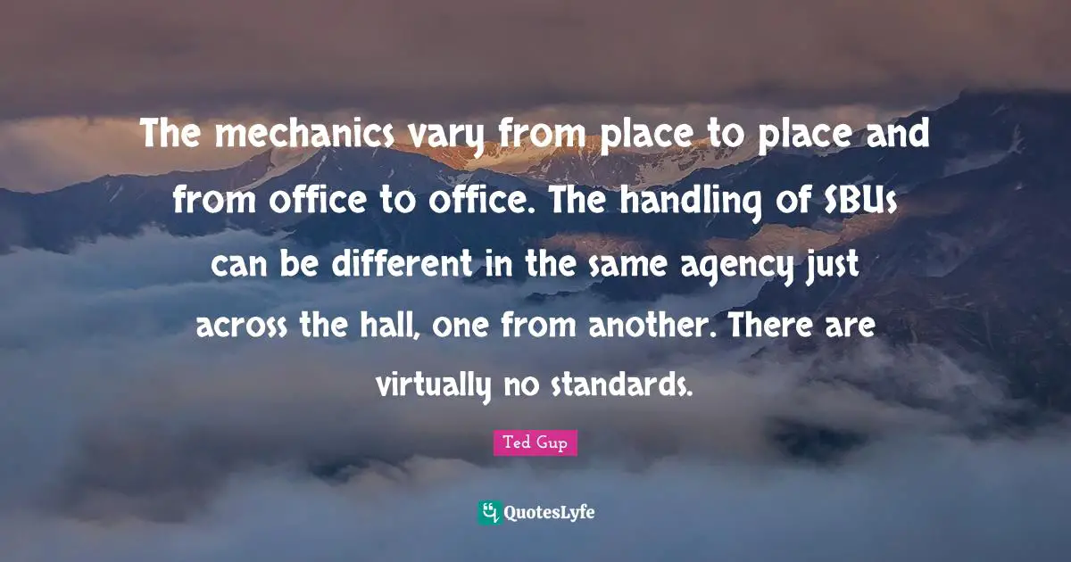 The mechanics vary from place to place and from office to office. The handling of SBUs can be different in the same agency just across the hall, one from another. There are virtually no standards.