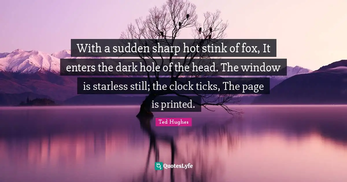 Ted Hughes Quotes: "With a sudden sharp hot stink of fox, It enters the dark hole of the head. The window is starless still; the clock ticks, The page is printed."