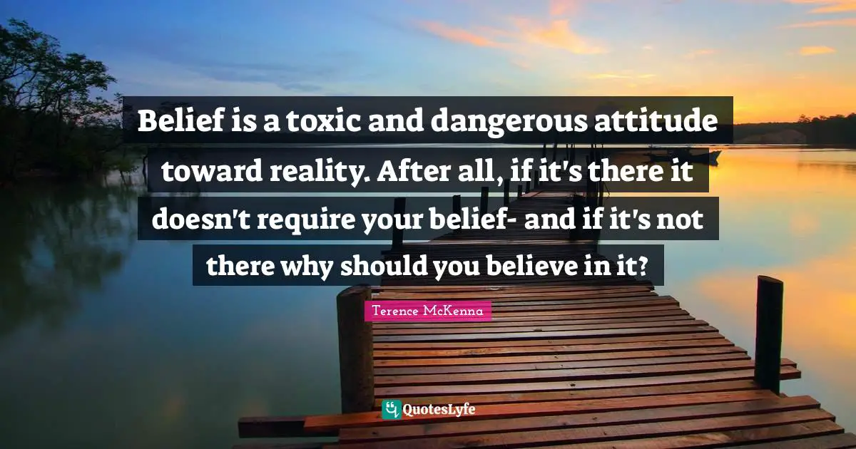 Belief is a toxic and dangerous attitude toward reality. After all, if it's there it doesn't require your belief- and if it's not there why should you believe in it?